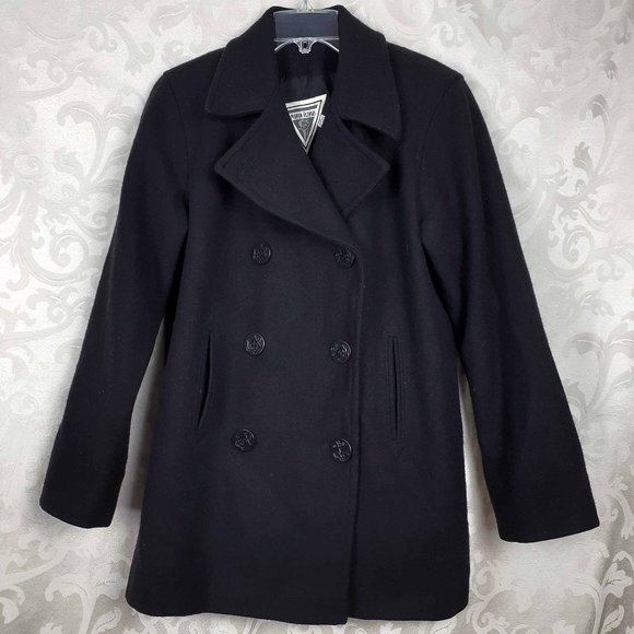 Marvin Richards wool blend double breasted pea coat Size 4 Black Nautical Navy - Picture 1 of 12